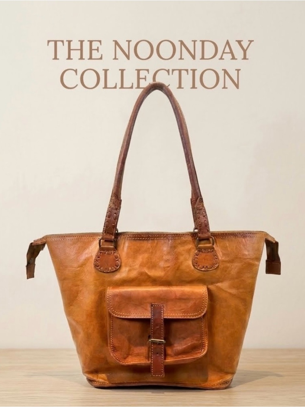 Noonday Collection Genuine Leather Cognac Boho Tote Bag Handbag Rustic Accents